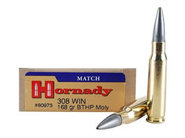 Hornady Match  308 Winchester 168 Grain Hollow Point Boat Tail Moly